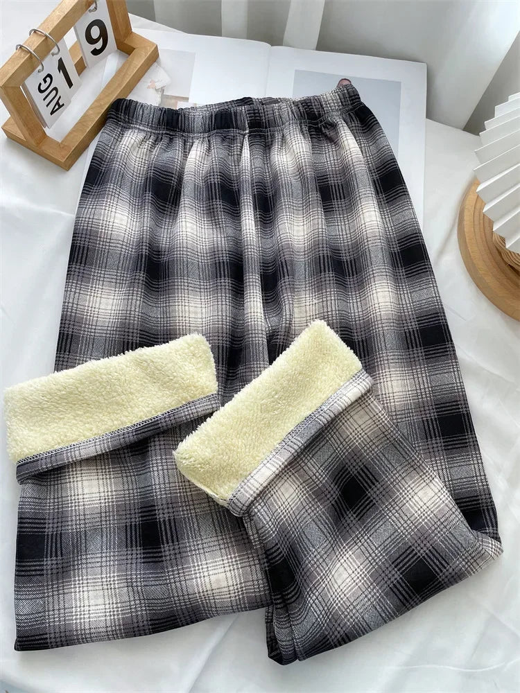 Aiertu Fashion Warm Plush Pants Cashmere Thick Plaid Ladies Winter Casual Loose Wide-legged Pants Korean Streetwear Students Aiertu