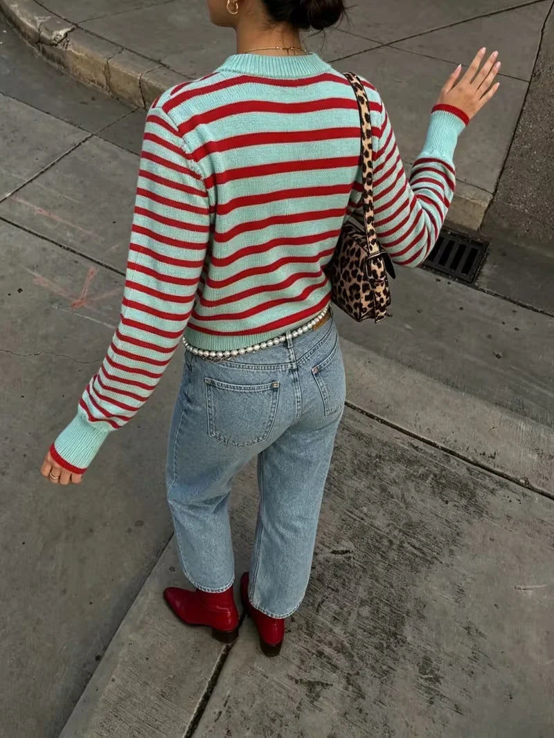 AIERTU  - Women Striped Knit Sweater Mint Green Red Crew Neck Long Sleeve Contrast Trim Casual Pullover Jumper Top Aiertu