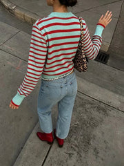 AIERTU  - Women Striped Knit Sweater Mint Green Red Crew Neck Long Sleeve Contrast Trim Casual Pullover Jumper Top Aiertu