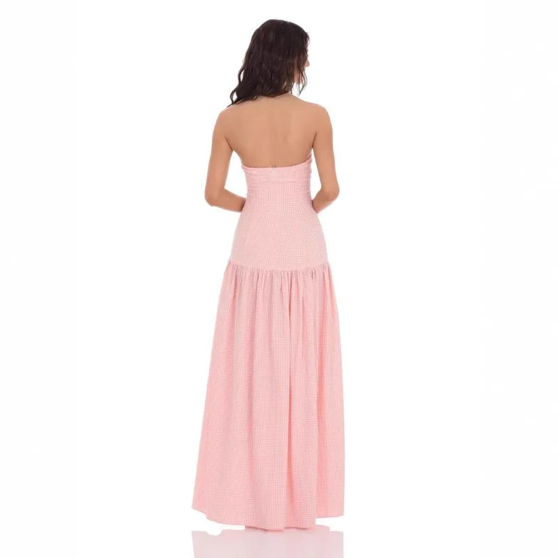 AIERTU  -  Pink Elegant Maxi Long Dresses Pleated Ruched Off Shoulder Women A-Line Party Vintage Gingham High Street  Slash Sexy Summer Aiertu