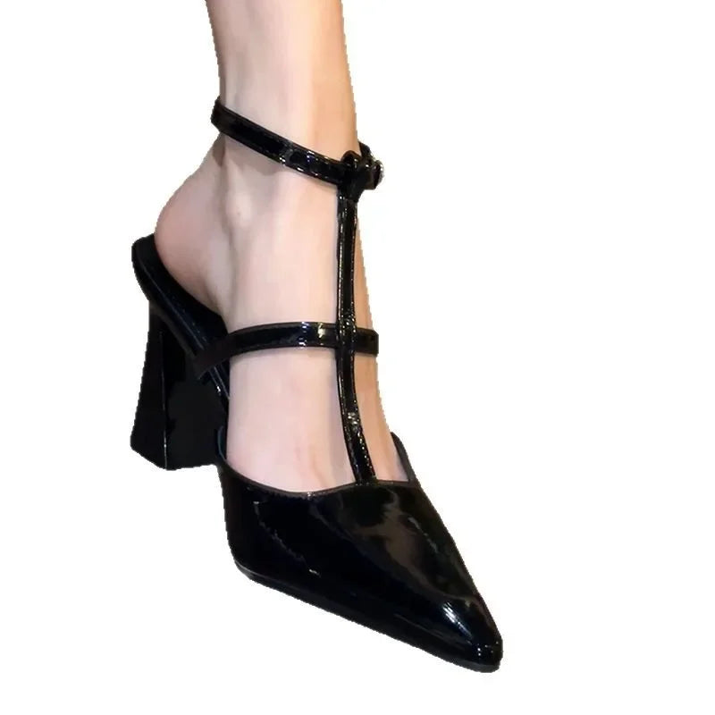 AIERTU  -  Black High Heels Women's New Patent T-Strap Pointed Toe Backless Thick Heel Covering Head Sandals Beige Aiertu