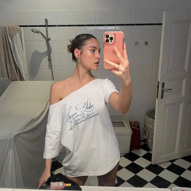AIERTU  -  Women T-shirt Slanted Neck Loose Letter Print Pattern Solid Color Simple Fashion Daily Leisure Versatile Short Sleeve Top Aiertu