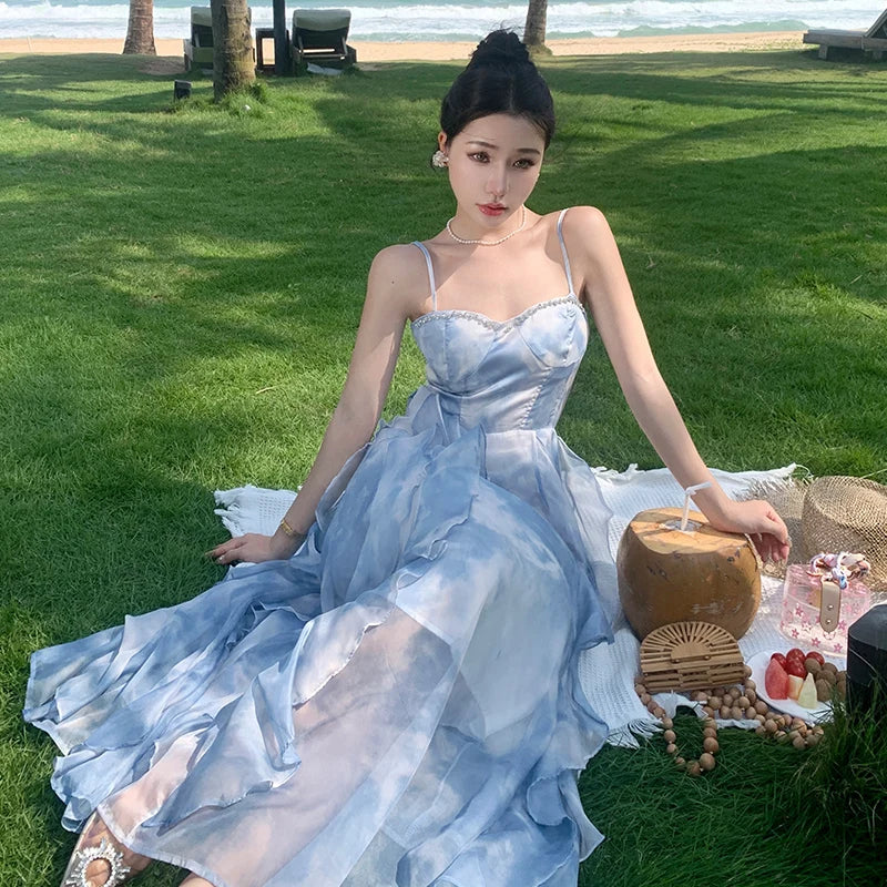 Aiertu Summer Elegant Sleeveless Backless A-line Slip Dress Retro Blue Tie Dye Slim Ruffles Irregular Party Long Dresses For Women Aiertu