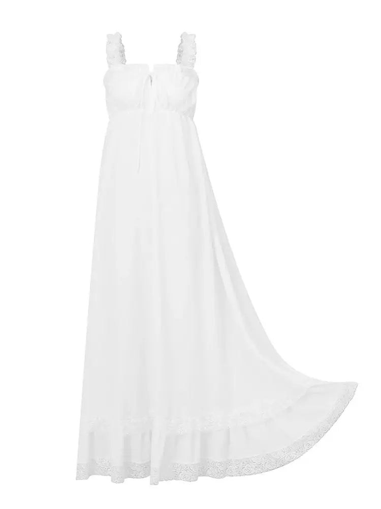 AIERTU  -  Women White Long Dress Lace Trim Tie-up V Neck Sleeveless Ruffle Loose Tank Dress for Evening Party Club Bohemian Summer Aiertu