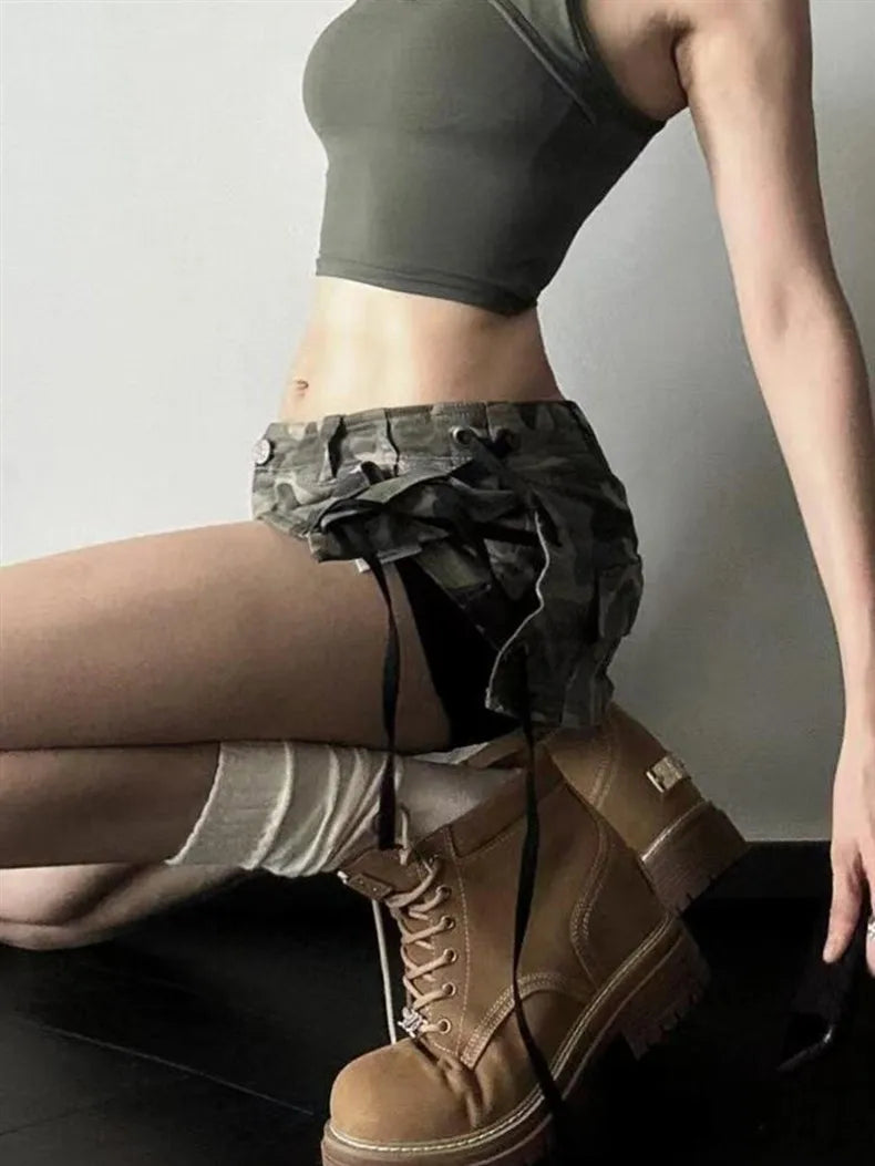 AIERTU  -  Camouflage Super Short Denim Skirt Spice Girl Low Waist Slim Skinny High Street Hip Wrap Pants Skirt Aiertu