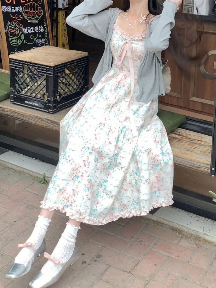 Aiertu 2024 Summer New Japanese Kawaii Y2k Midi Dress Women Casual Sweet Bow Splicing Flower Print Dress Korean Fashion Evening Party Aiertu