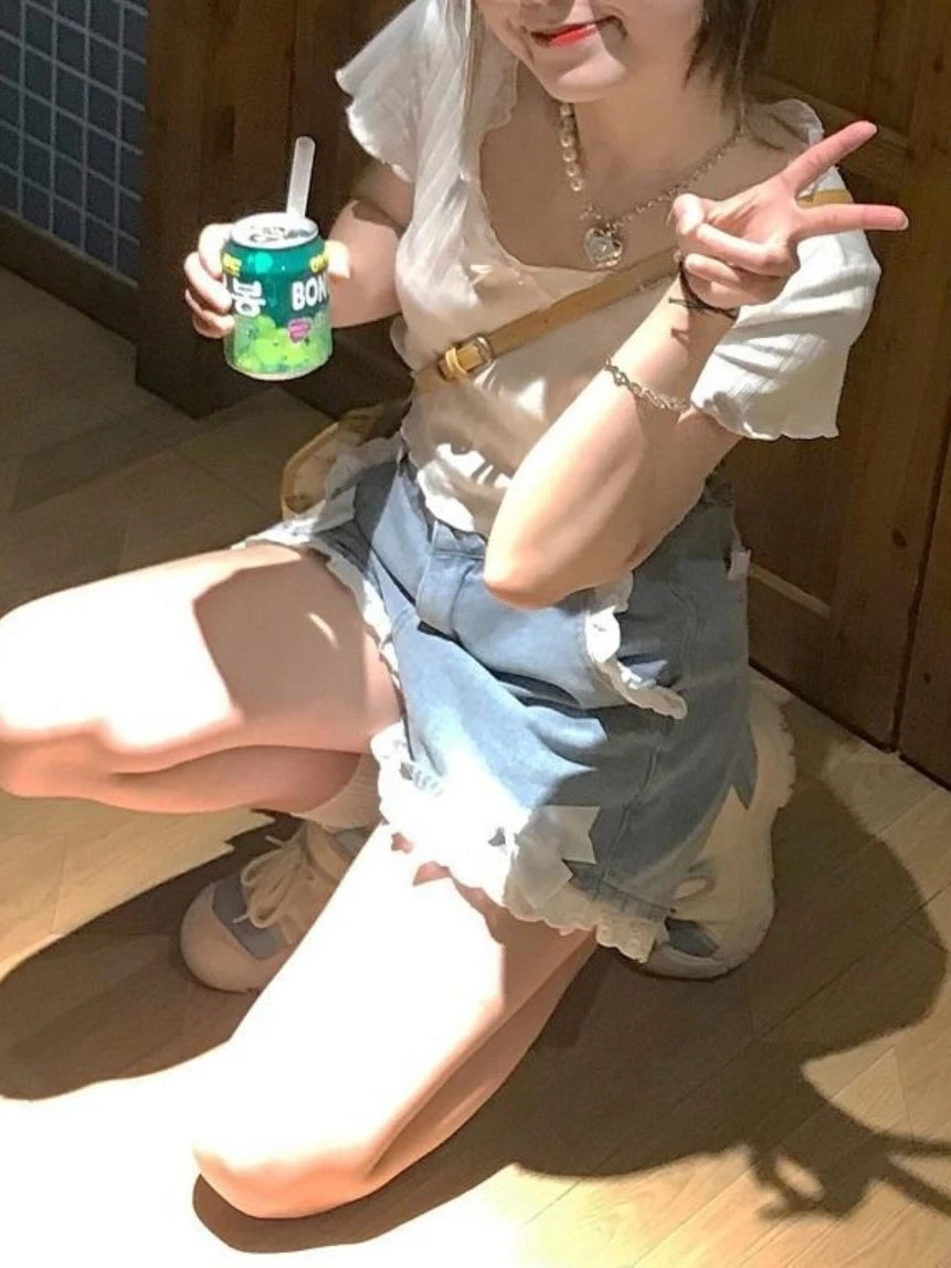 Aiertu Japanese Lolita Soft Girl Denim Shorts Female Student Spring Summer High Waist Lace Bow A- Line Wide Leg Shorts Jeans Hot Pants Aiertu