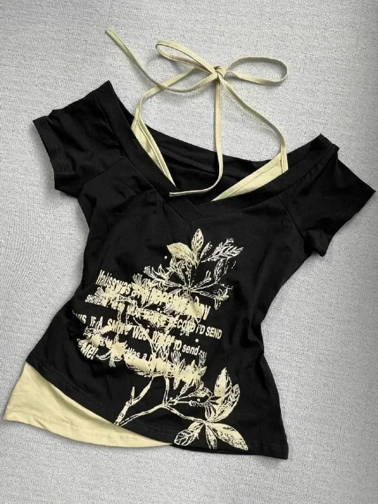 Aiertu Summer Fake Two Pieces Halter Bandage Vintage T-shirts Y2k Aesthetic Slim Crop Tops Women Grunge Print Harajuku Casual Sexy Tee Aiertu