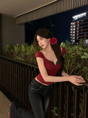 Aiertu Women Vintage Tees Chic Short Sleeve Soft Square Collar Crop Top Casual Loose Fashion Office Lady Lace T-Shirts Coquette Grunge Aiertu