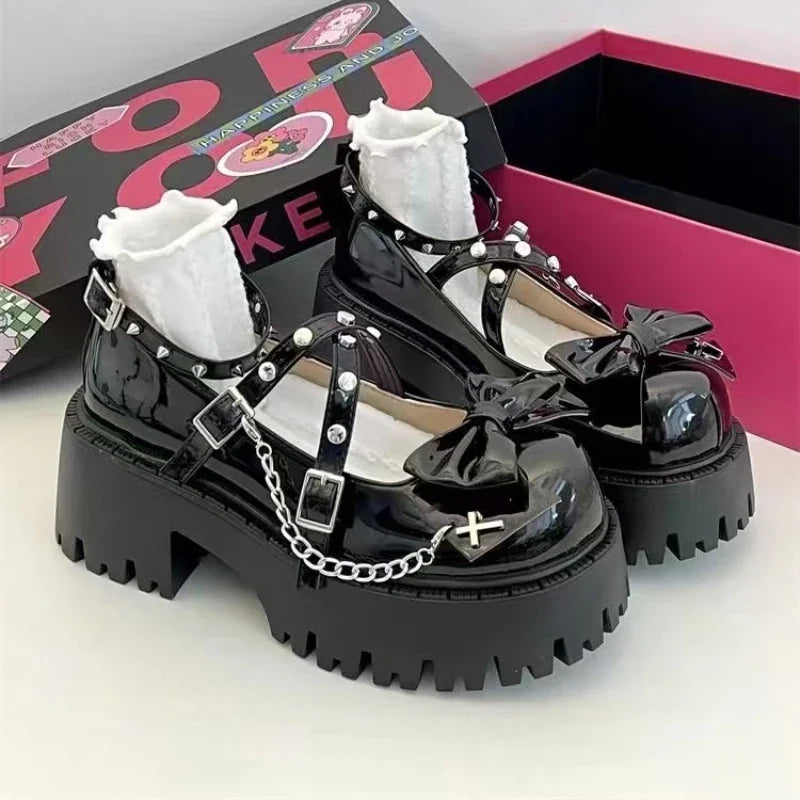 Aiertu Back  to school Women's Mary Jane Shoes Lolita Solid Color Spring 2024 Hot Sale Fashion Butterfly Knot Outdoors Thick with Non-slip Female Shoes Aiertu