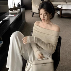 Slash Neck Pullovers Women Short Knitted Thin Slim Defined Waist Basic All-match Sexy Elegant Off Shoulder Autumn Winter Female Aiertu