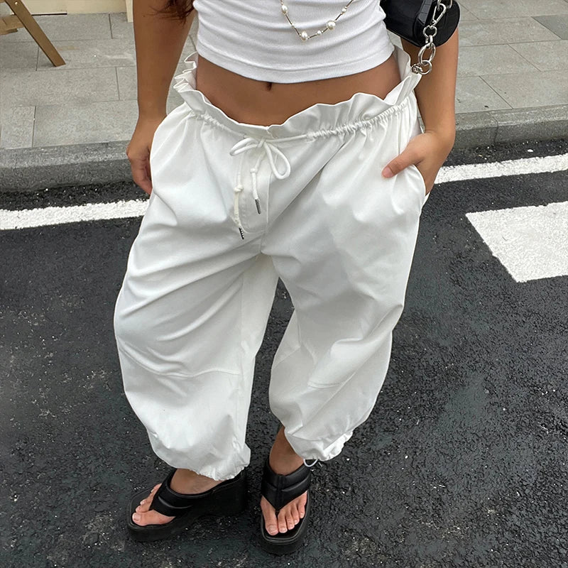 AIERTU  -  Street Style Casual Pure White Drawstring Calf-length Cargo Pants Ruched High Waist Fungus Edge Elastic Fashion Loose Pants Aiertu