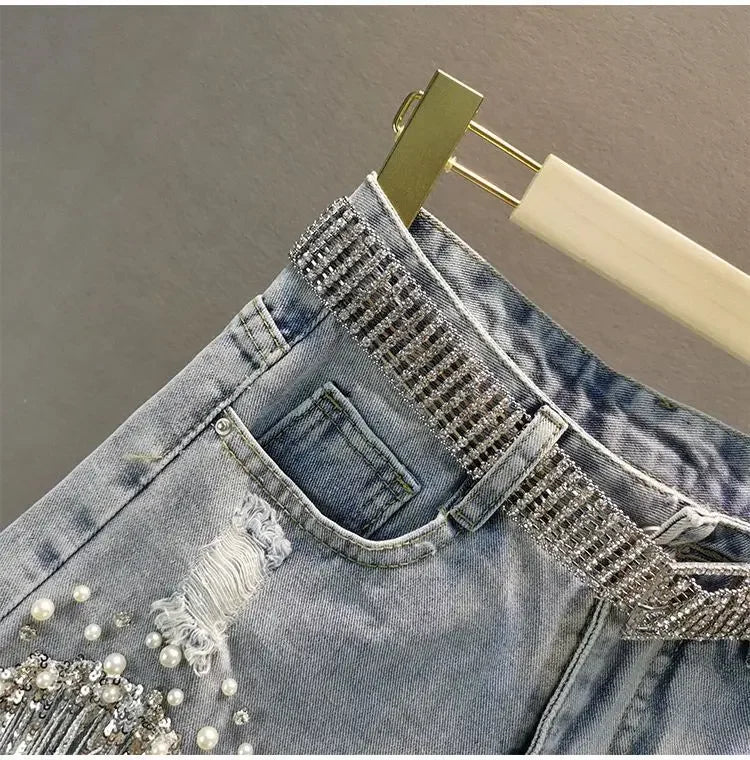 Aiertu Women Denim Shorts Summer High Waist Slim Heavy Beaded Sequin Fringed Ripped Wide Leg Jeans Shorts Aiertu