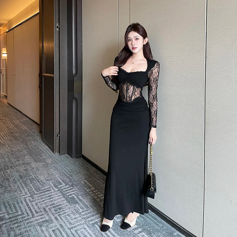Aiertu Women's Elegant Long Dress 2024 Spring Fashion Temperament Sexy Splicing Design Lace Fishbone Splicing Dresses Aiertu
