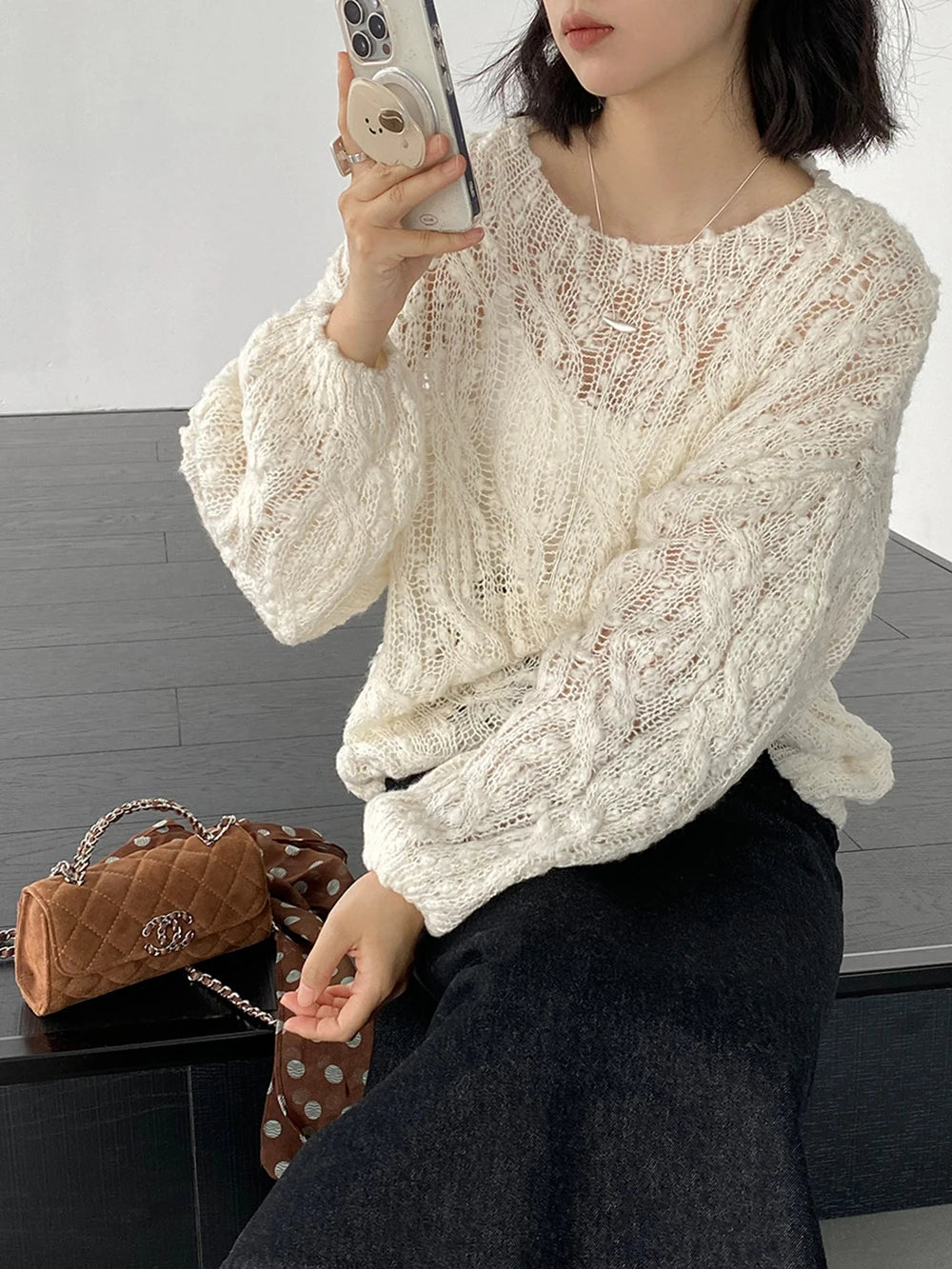 AIERTU  -  Loose Knitted Hollow Out Sweater Women's Lazy Style Solid Color Lantern Sleeve Pullover Knitwear Female Autumn Winter Tops Aiertu