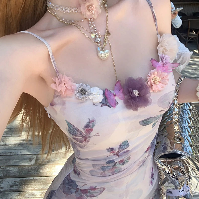 Aiertu Sweet Floral Party Mini Dress Women Summer New Korean Printing Floral Y2k Dress Female Slim Chic Strap Beach Designer Dress 2024 Aiertu