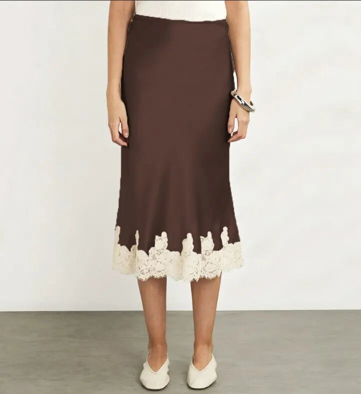 AIERTU  -  New Lace Patchwork Silk Surface Half Skirt Draped Glossy A-line Mid-length Skirt Women Spring Autumn Elegant Demeanor Lace Skirt Aiertu