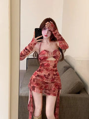 Rose Newspaper Print Love Iron Ring Tassels Women Sexy Hanging Neck Off Shoulder Short Spicy Girl Ruffle Edge Dress Senior Aiertu