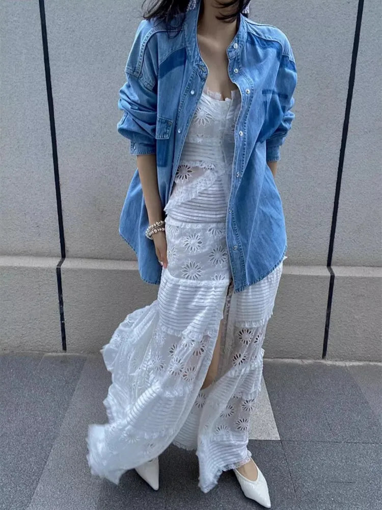 Aiertu White Suspender Embroidered Dress For Women'S Summer High-End Hollowed Out Design, Elegant And Chic Long Skirt Aiertu