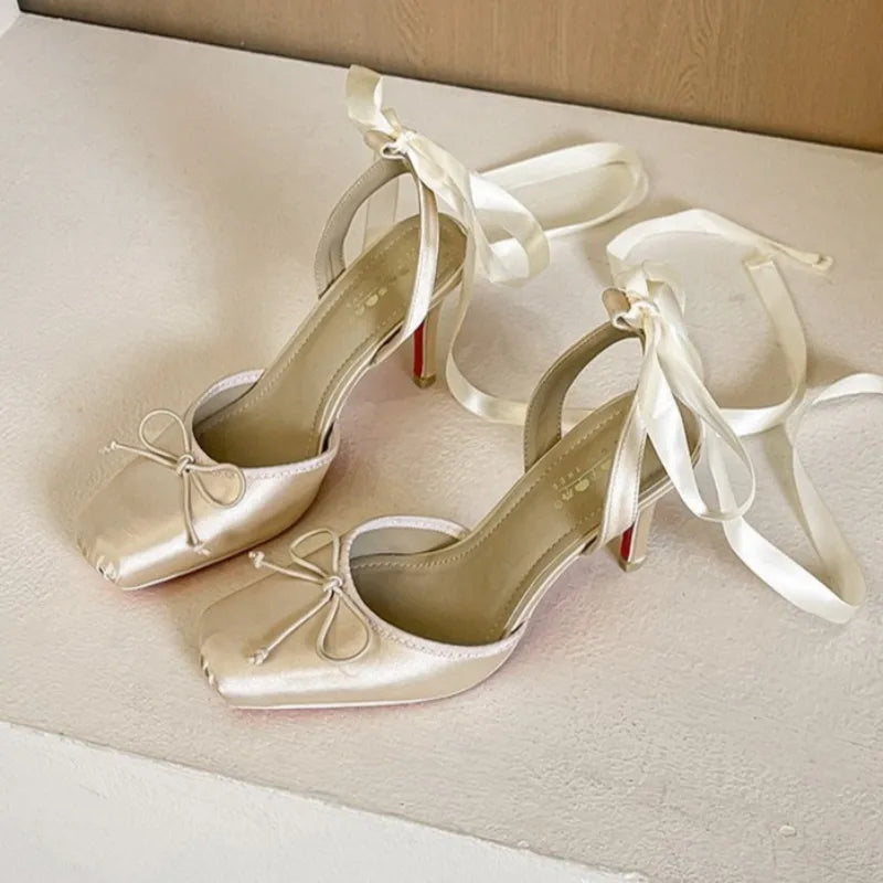 AIERTU  -  Satin Ankle Strap Ballet Style High Heels Women Square Toe Pumps Stiletto Heels Party Shoes Mules Elegant Designer Women Sandals Aiertu