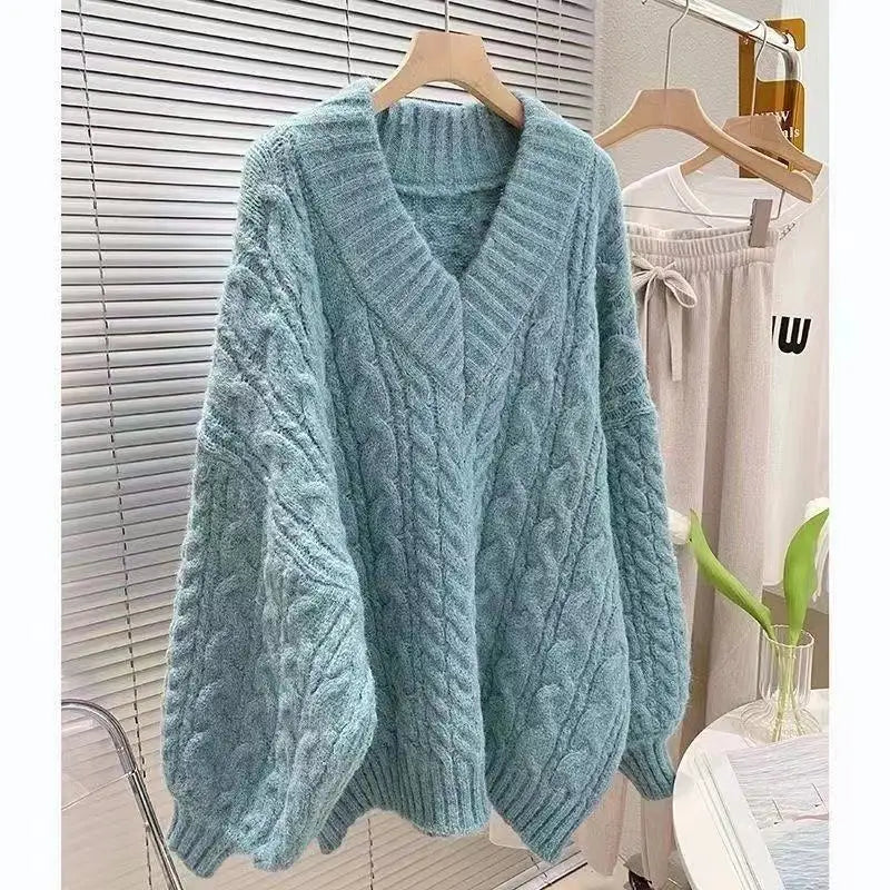 V-Neck Thickened Fried Dough Twists Sweater Autumn and Winter Loose Outwear Lazy and Gentle Design Small Warm Knit Top Aiertu