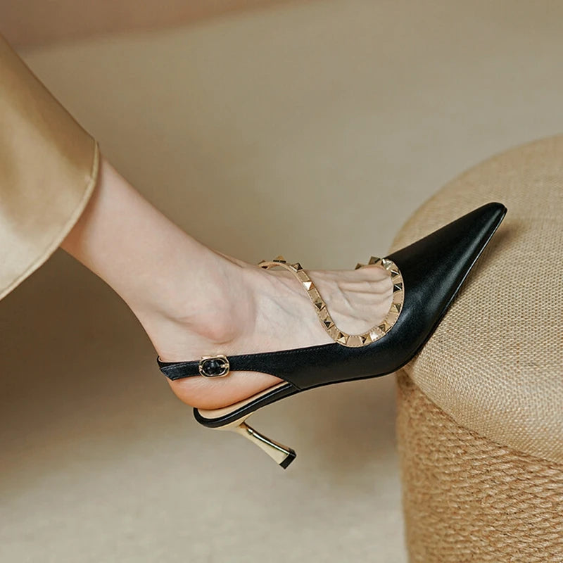 Aiertu NEW Summer/Spring Women Shoes Pointed Toe Thin Heel Sandals Rivet High Heels Concise Genuine Leather Shoes Dress Shoes for Women Aiertu