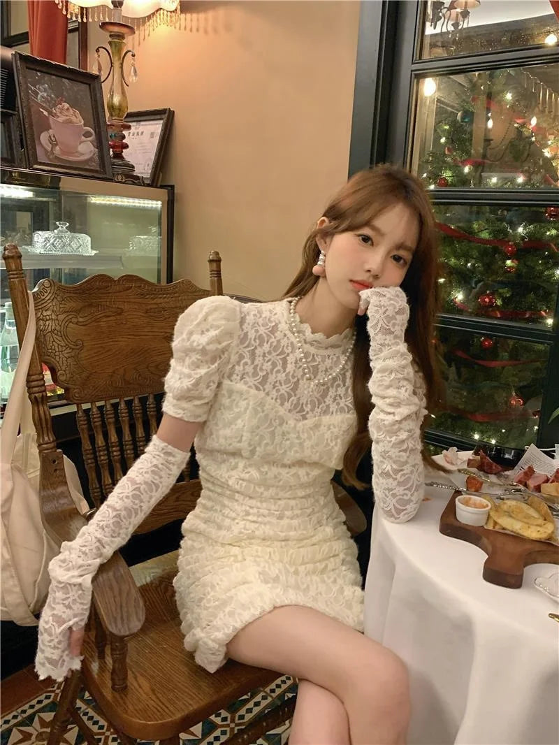 Aiertu  Spring Lace Design Elegant Y2k Mini Dress Woman Party Sexy Bodycon Dress Casual Puffer Sleeve One Piece Dress Korea Fashion Aiertu
