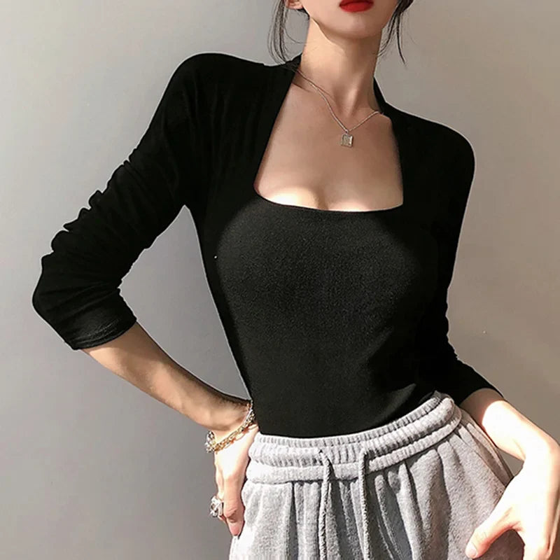 Aiertu Square Collar Warm Long Sleeve Tops Casual Women T Shirts Autumn Winter Skinny Sexy Solid Basic Crop Top Fashion Streetwear aiertu