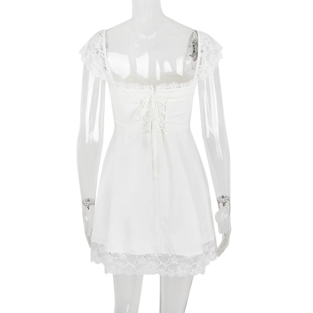 AIERTU  -  Lace Square Collar U Neck Mini Dress Skirt Straps Suspenders Slim Aline Backless White French Sweet Dress Summer Sleeveless Aiertu