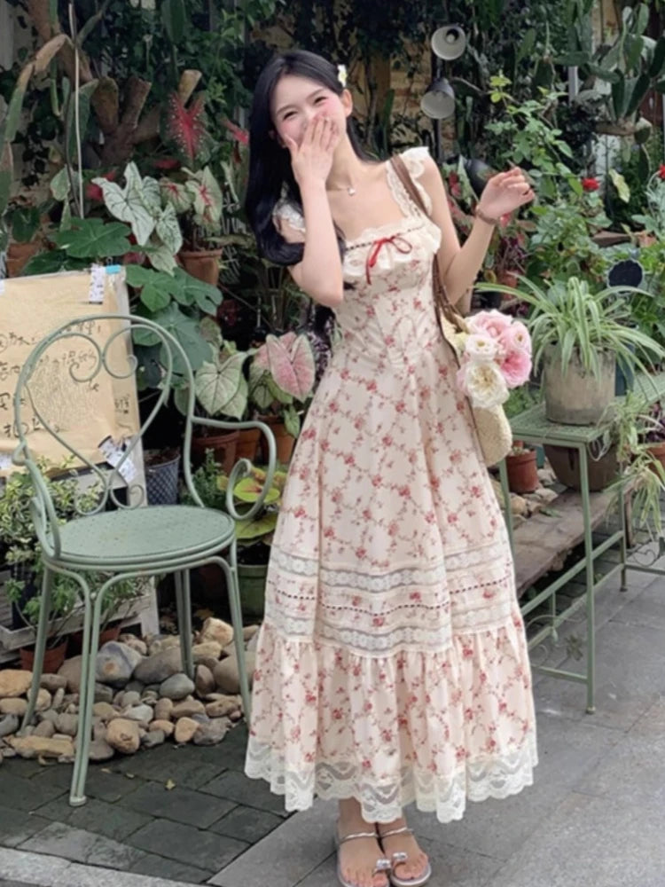Aiertu Summer French Elegant Floral Midi Dress Beach Style Korean Fashion Lace Dress Evening Party Sexy Sleeveless Dress Woman Chic Aiertu