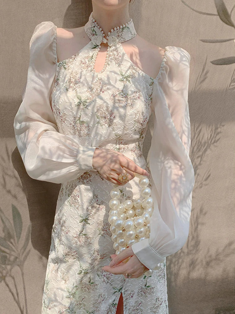 Aiertu Vintage Elegant Cheongsam Dress Women Floral Embroidery Design Party Fairy Dress Female 2022 Spring Court Retro Long Split Dress Aiertu