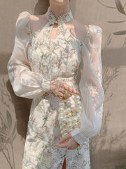 Aiertu Vintage Elegant Cheongsam Dress Women Floral Embroidery Design Party Fairy Dress Female 2022 Spring Court Retro Long Split Dress Aiertu