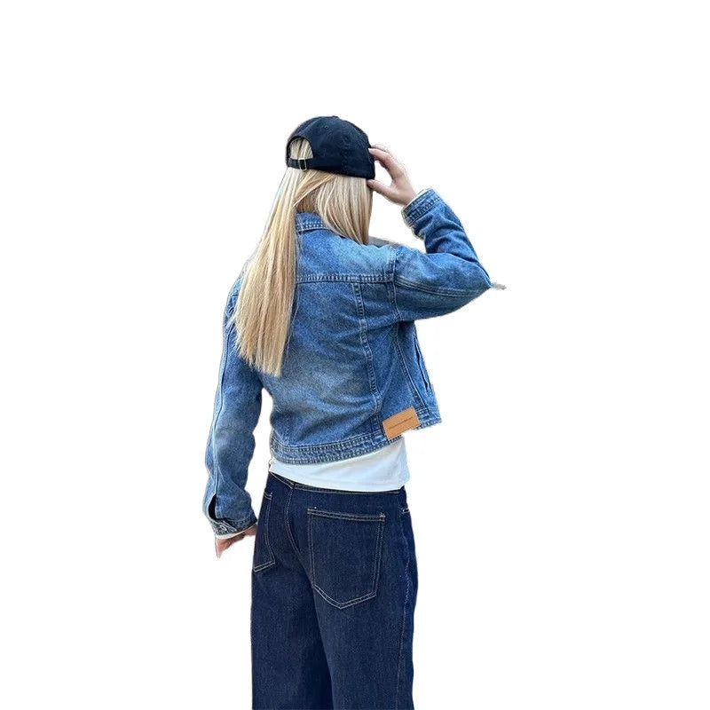 AIERTU  -  Washed Retro Slim Denim Jacket Jacket Women's Lapel Versatile Splicing New Top Aiertu