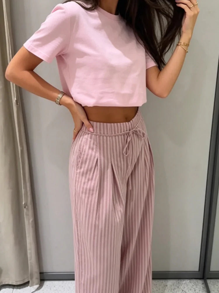 AIERTU  -  Striped Drawstring Wide Leg Pants Women High Waist Side Pocket Vertical Stripe Bottom Lady's Casual Outdoor Streetwear Trousers Aiertu