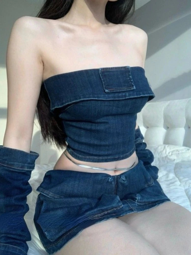 Women Clothing Chic Summer Two Piece Sets Strapless Tunic Vest Crop Tops Bodycon Mini Skirt Outfits Casual Denim Y2k Suit Aiertu