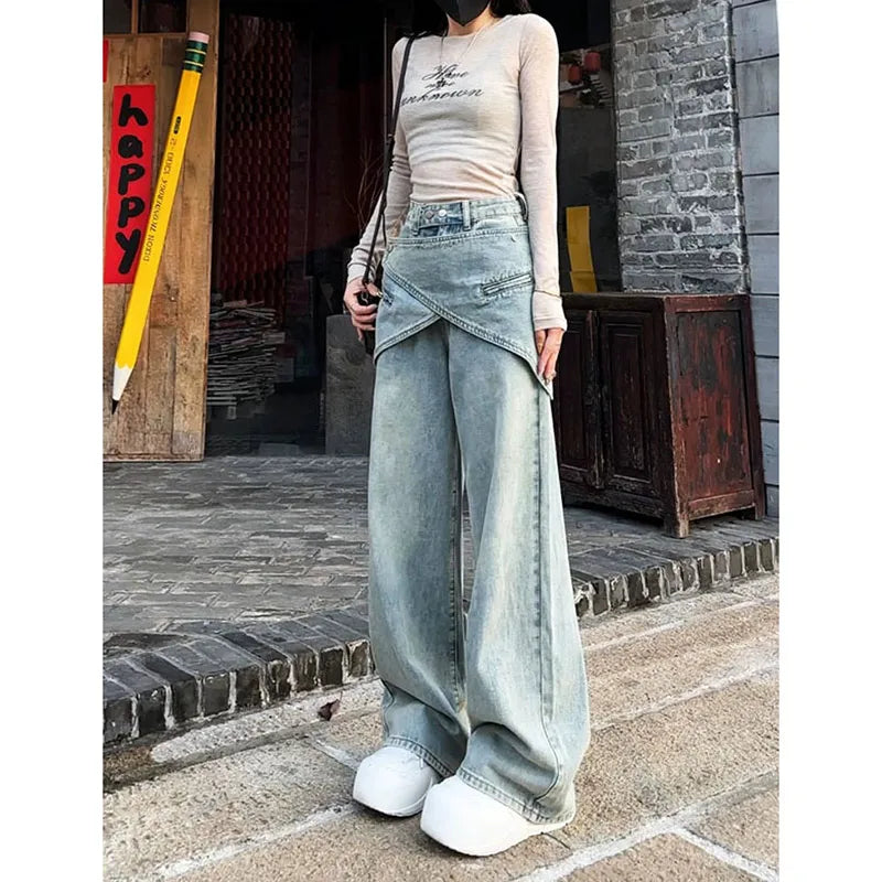 Aiertu Women's Blue Baggy Y2k Jeans Vintage 90s Aesthetic Patchwork Cowboy Pants Harajuku Denim Trouser Streetwear 2000s Trashy Clothes Aiertu