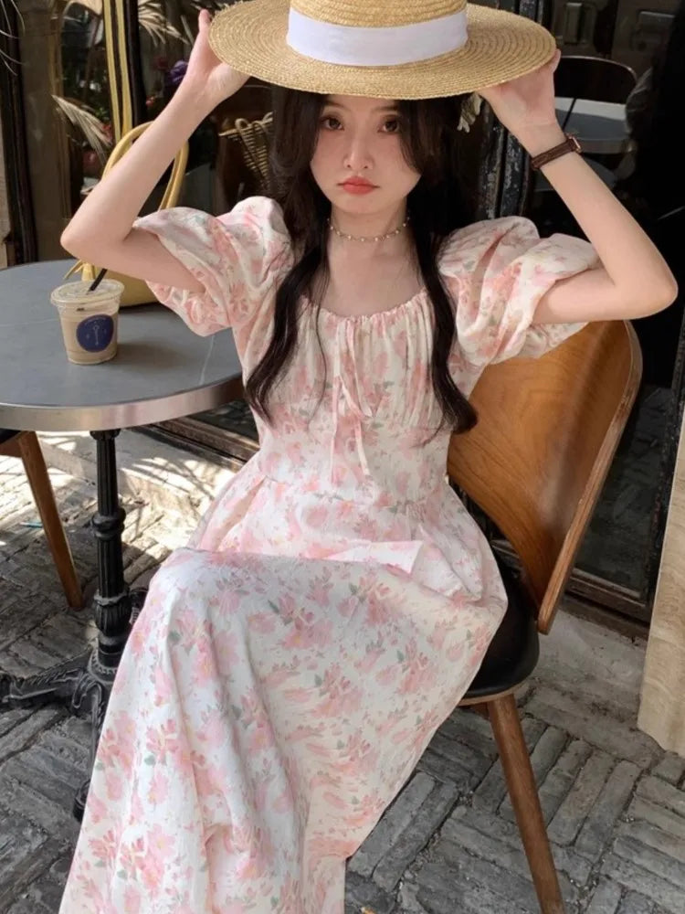 Aiertu Summer Floral Printed Midi Dress Women Off Shoulder Puff Sleeve Fairy A-line Elegant Dresses Casual Korean Fashion Aiertu