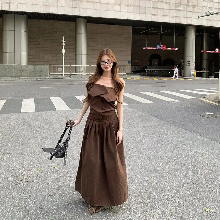 Aiertu Vintage Spice Girl Designer Dress Women Summer New Y2k Strapless Party Dress Female Solid Slimming Puffy Pleated Midi Dress 2024 Aiertu