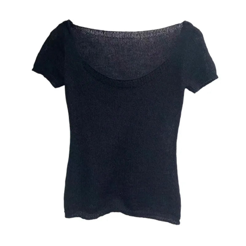 AIERTU  -  Knitted Short Sleeved T Shirt Women Transparent Sexy Thin Stretch Slim Fit Summer Solid Color Casual Street Fashion Daily Top Aiertu