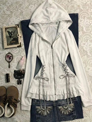 AIERTU  -  Aesthetic Hoodie Women Clothing Lace Sweet Cute White Bandage Korea Chic Zip Up Hoody Vintage 2000s Kawaii Sweatshirt Y2k Coats Aiertu