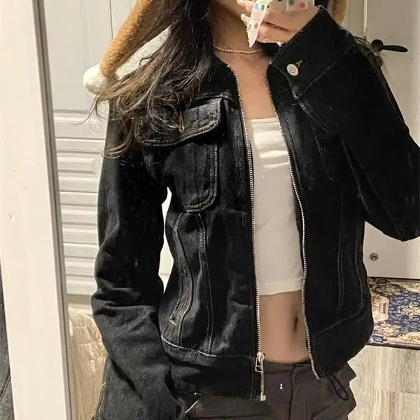 Aiertu 2024 Zipper Jeans Solid Coats Streetwear Fashion All Match Ins Chaquetas Mujer Women Turn Down Collar Punk Vintage Denim Jackets Aiertu