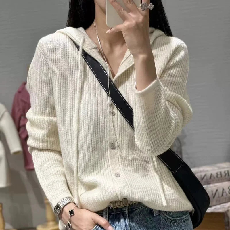 100% Pure Wool Sweater Women's Clothing Knitted Cardigan Autumn Winter New Casual Hooded Cardigan Loose Korean Long Sleeved Top Aiertu
