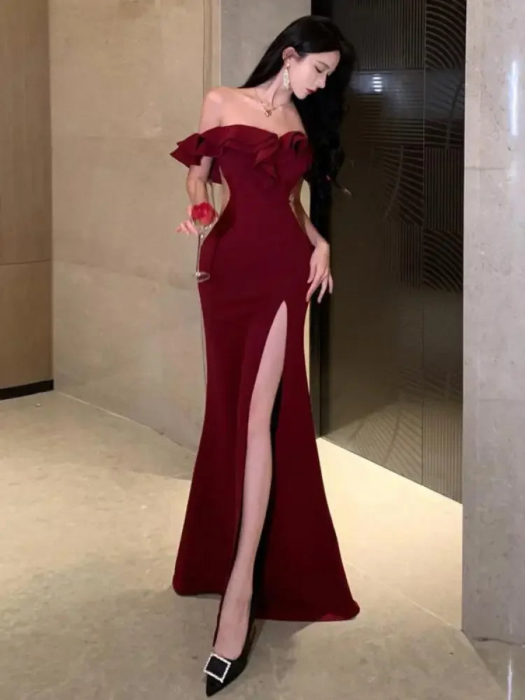 Aiertu Women's Sexy Backless High Split Ruffles Wrapped Hip Dress, Elegant Luxury Off Shoulder Party Evening Dresses, Red, Summer, 2024 Aiertu