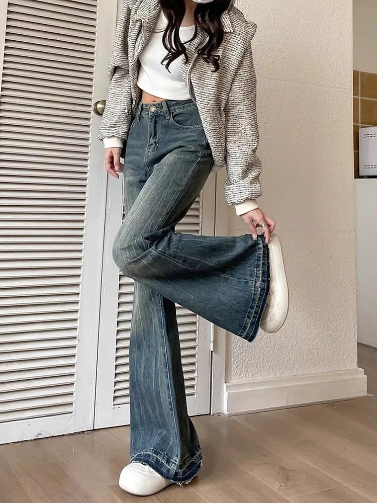 Aiertu Fashion Slim Casual Vintage Blue Women‘s Jeans Winter American Style Chic Office Ladies Pockets Basic Female Flare Pants Aiertu