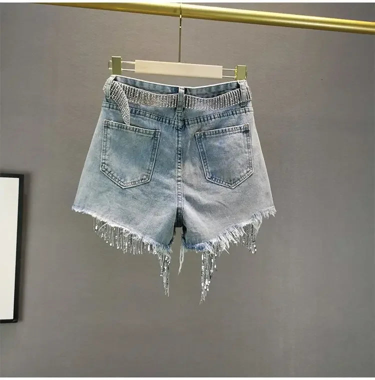 Aiertu Women Denim Shorts Summer High Waist Slim Heavy Beaded Sequin Fringed Ripped Wide Leg Jeans Shorts Aiertu