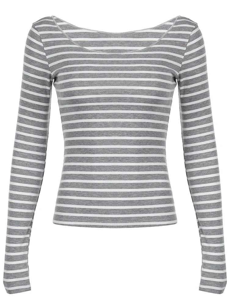Aiertu Japanese Basic Slim Long Sleeve Stripe Tee Off Shoulder O Neck Korean Street Style Spring Autumn Y2K Gray T Shirt Women Aiertu