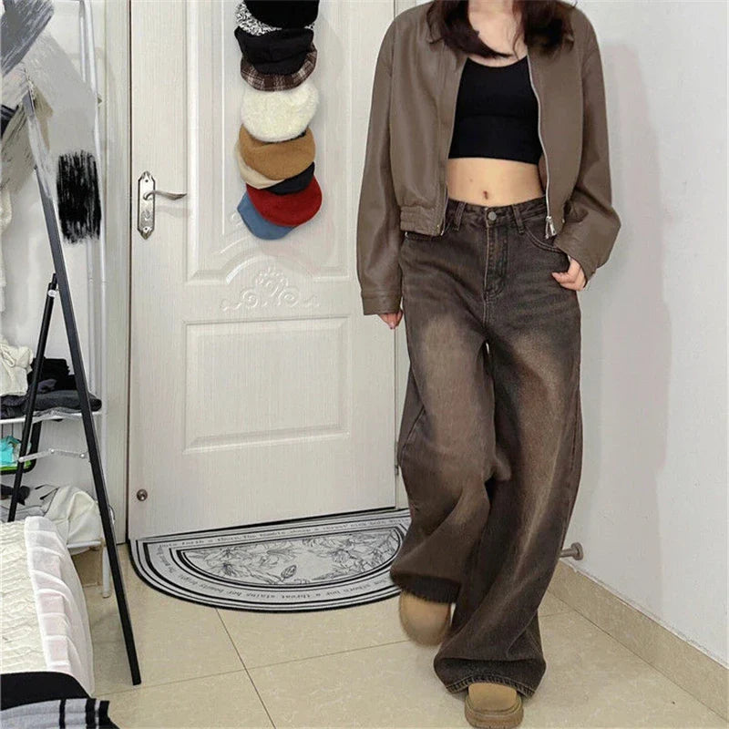 Aiertu Women's Vintage Brown High Waisted Jeans Street Style Girl Wide Leg Bottoms Loose Pants Female Fashion Denim Trousers Aiertu
