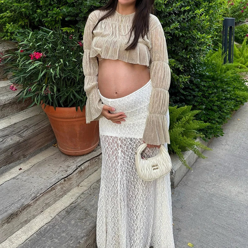 AIERTU  -  Vintage Sheer Lace Maternity Skirts for Women Low Elastic Waist Loose Fit Long Skirt Casual Pregnancy Skirts Fashion Streetwear Aiertu