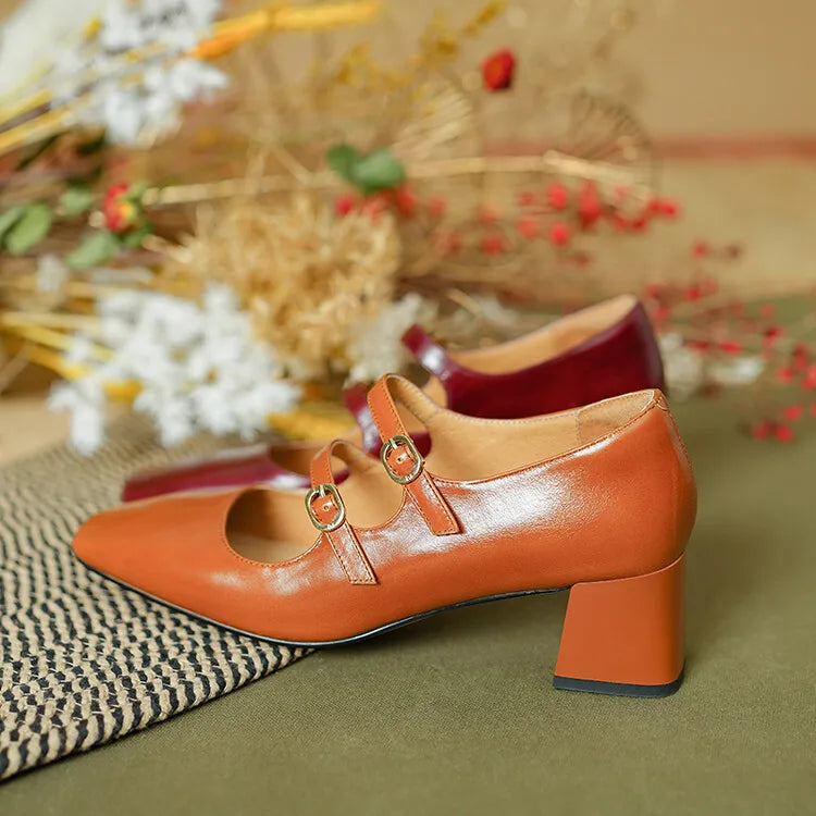 Aiertu NEW Spring Women Pumps Genuine Leather Shoes for Women Square Toe Chunky Heel Shoes Concise Mary Janes High Heel Women Shoes Aiertu