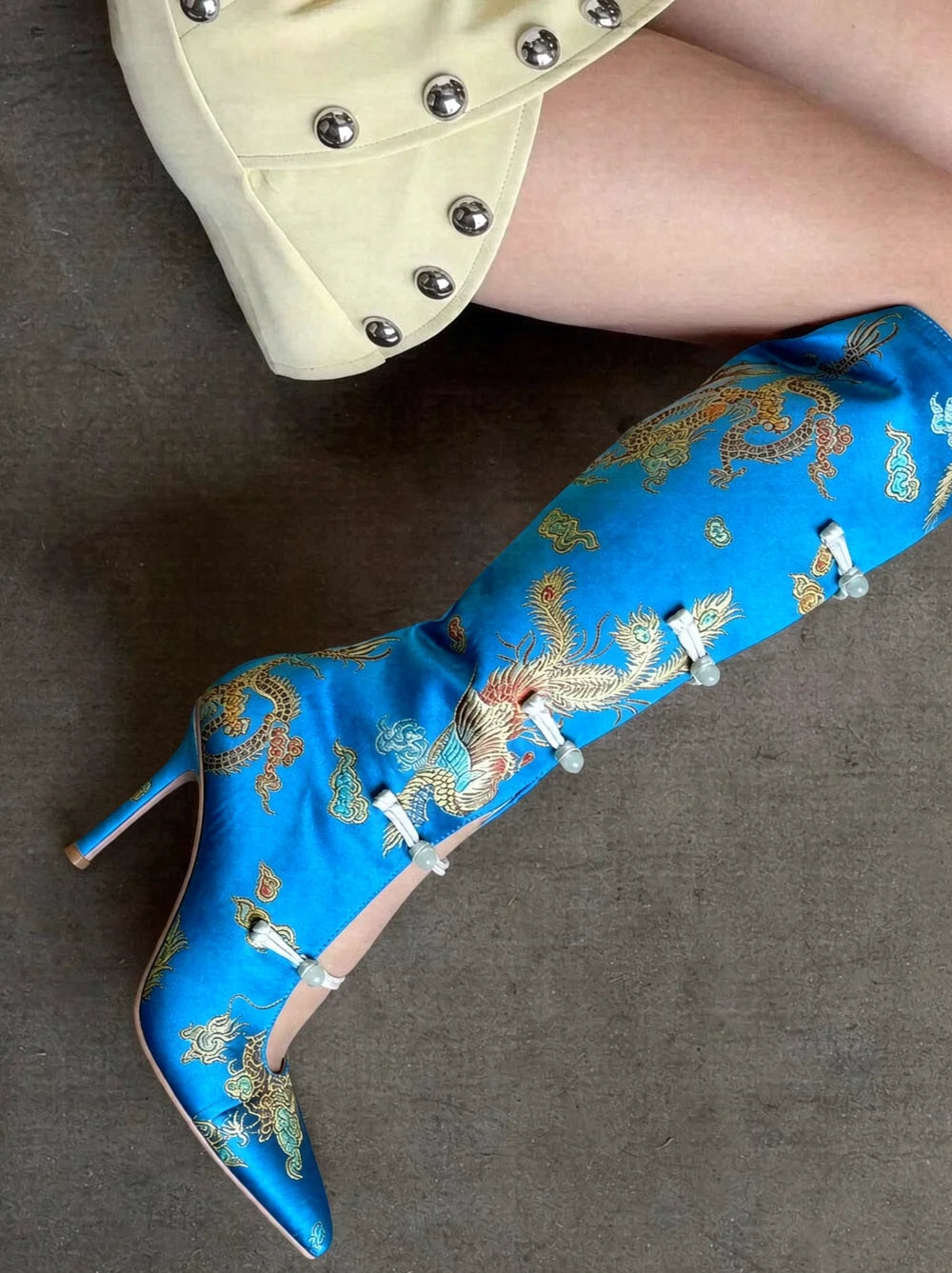 AIERTU  -  Retro Chinese Style Satin Pointed-Toe Knee Boots Brocade Embroidery Stiletto Heels Cutouts Design Unique Footwear Aiertu